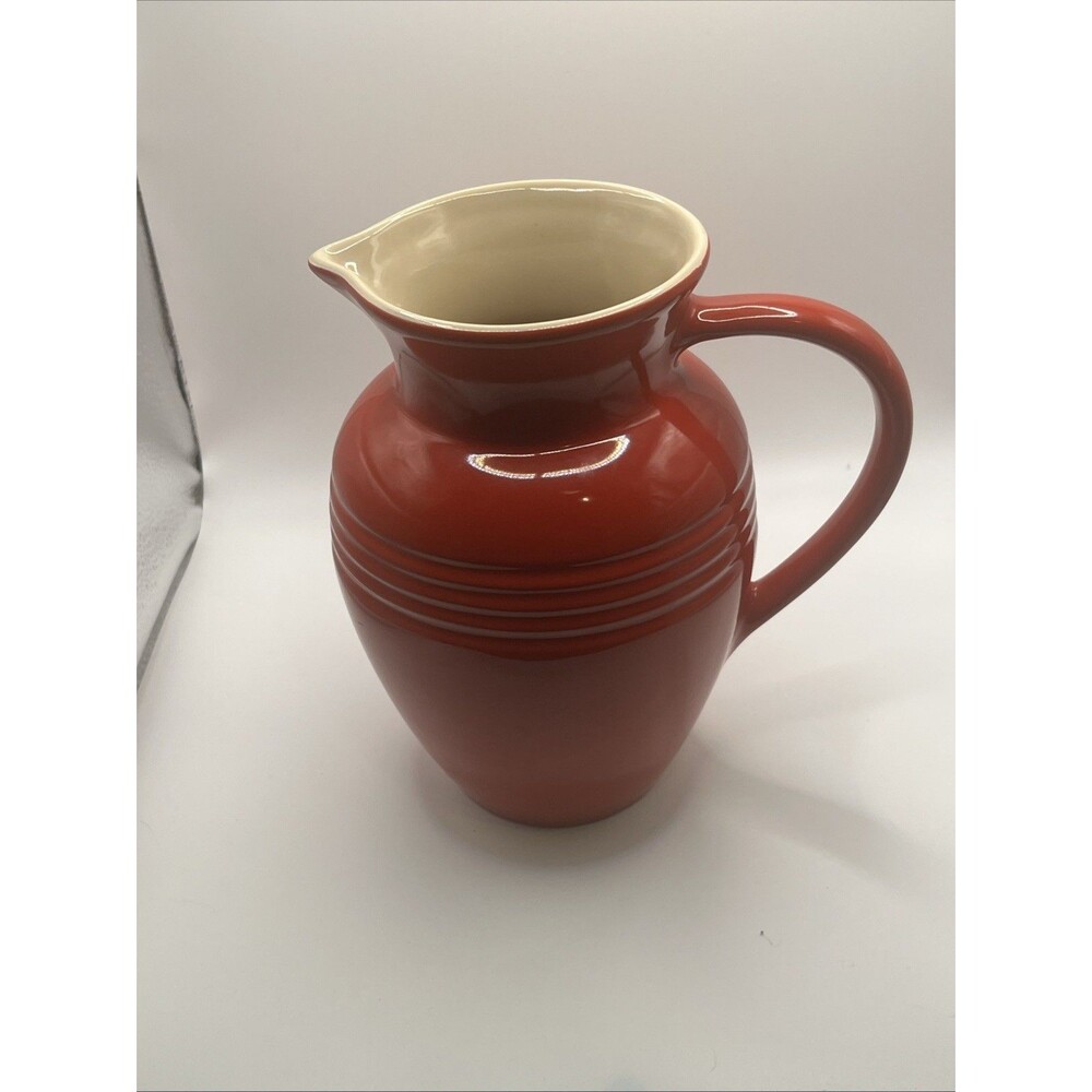 LE CREUSET Large 2Liter Stoneware Two Tone Red Cerise Pitcher Ribbed Vtg Heavy
